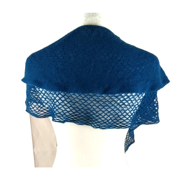 Dark Turquoise Neck Scarf Button Crochet Open Weave Fringe No Tags - Picture 6 of 7